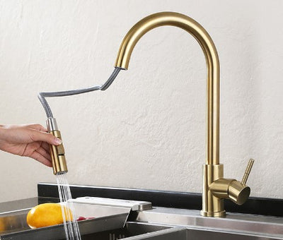 Cruz - Gold Kitchen Mixer Pull Out Push Button Brushed Gold Tap Stainless Steel