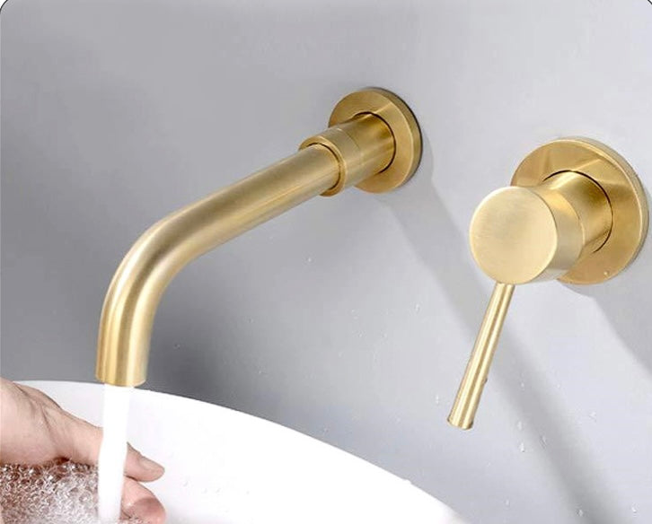 WALL MOUNTED BASIN MIXER - BRUSHED GOLD THIN HANDLE - Stunning Taps